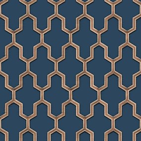 DUTCH WALLCOVERINGS Behang Geometric blauw en goudkleurig