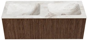 Mondiaz Kurve-dlux 120cm badmeubel walnut met 1 lade en wastafel leaf dubbel zonder kraangat frappe