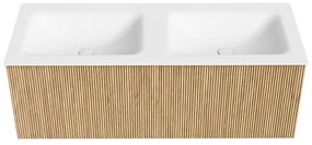 Mondiaz Kurve 120cm badmeubel oak met 1 lade en wastafel cloud dubbel 2 kraangaten