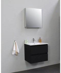 Basic Line Bella Badkamermeubelset - 60x55x46cm - 1 wasbak - Keramiek - Wit - 1 kraangat - Spiegelkast zonder verlichting - Melamine Zwart mat SWGA60MZP1SPK