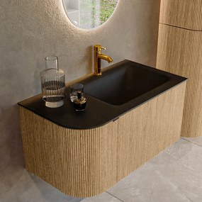 Mondiaz Kurve 85cm badmeubel ronding links oak met 1 lade en deur en wastafel cloud kraangat rechts urban