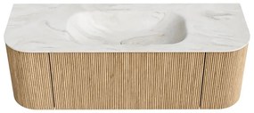 Mondiaz Kurve-dlux 130cm badmeubel ronding links/rechts oak met 1 lade en 2 deuren en wastafel big small midden 1 kraangat ostra