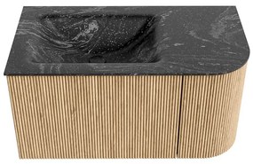 Mondiaz Kurve-dlux 85cm badmeubel ronding rechts oak met 1 lade en deur en wastafel cloud kraangat links lava