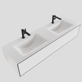 Zaro Lagom volledig naadloos solid surface onderkast 150cm mat zwart met 1 lade Push tot open. Compleet met solid surface wastafel met 2 kraangat(en)