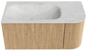 Mondiaz Kurve-dlux 95cm badmeubel ronding rechts oak met 1 lade en deur en wastafel big small links zonder kraangat opalo