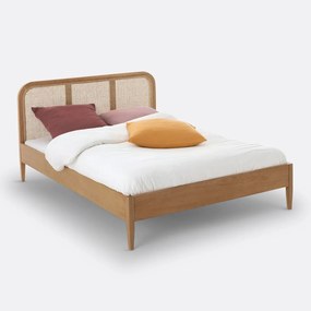 Bed met hoofdeinde en lattenbodem, van eikenhout, fineer en rotanriet, MADARA