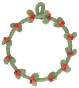 Kerstkrans, groen met rode besjes, vilt, 24 cm