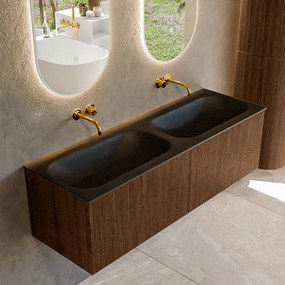 Mondiaz Kurve 140cm badmeubel walnut met 2 lades en wastafel big small dubbel zonder kraangat urban