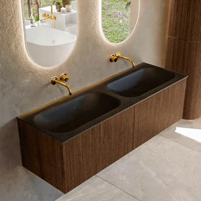 Mondiaz Kurve 140cm badmeubel walnut met 2 lades en wastafel big small dubbel zonder kraangat urban