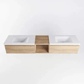 Mondiaz Bukla 200cm badmeubel met open module 40 Washed Oak met 2 lades wastafel Cloud dubbel 0 kraangaten Talc