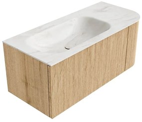 Mondiaz Kurve-dlux 105cm badmeubel ronding rechts oak met 1 lade en deur en wastafel big small links zonder kraangat ostra