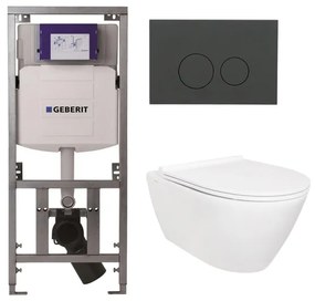 QeramiQ Salina Toiletset - rimless - Geberit inbouwreservoir - diepspoel wandcloset - softclose - quickrelease - bedieningsplaat mat antraciet - ronde knoppen - wit 0701131/SW96855/SW96857/SW1102376