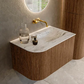 Mondiaz Kurve-dlux 75cm badmeubel ronding links walnut met 1 lade en deur en wastafel grunne rechts zonder kraangat glace