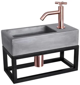 Differnz Ravo fonteinset - 38.5x18.5x25cm - Rechthoek - 1 kraangat - Gebogen rose koperen kraan - met zwart frame - kruisgreep - beton donkergrijs 38.402.13