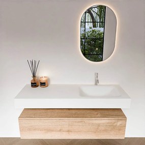 Zaro Alan badmeubel 130cm washed oak 1 lade met vrijhangende wastafel cloud rechts 1 kraangat talc
