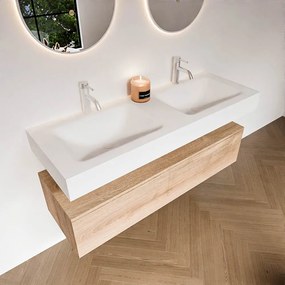 Zaro Alan badmeubel 130cm washed oak 1 lade met vrijhangende wastafel cloud dubbel 2 kraangaten talc