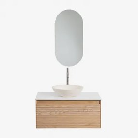 Tedrik Zwevend Badkamermeubelset Van Essenhout Ash Brown & Rond Cement Wit Ø40 Cm Zavion & Ovaal Met Opbergruimte 45x90 Cm Abner - Sklum