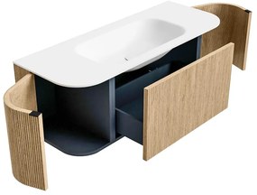 Mondiaz Kurve 120cm badmeubel ronding links/rechts oak met 1 lade en 2 deuren en wastafel big small midden zonder kraangat