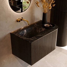 Mondiaz Kurve-dlux 75cm badmeubel ronding rechts shadow met 1 lade en deur en wastafel grunne links zonder kraangat lava
