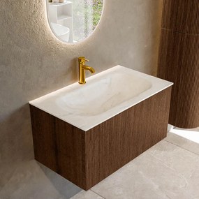 Mondiaz Kurve-dlux 80cm badmeubel walnut met 1 lade en wastafel big small midden 1 kraangat ostra