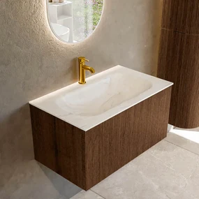 Mondiaz Kurve-dlux 80cm badmeubel walnut met 1 lade en wastafel big small midden 1 kraangat ostra