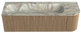 Mondiaz Kurve-dlux 145cm badmeubel ronding rechts dusk met 1 lade en deur en wastafel big large kraangat links glace