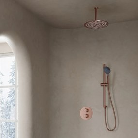 Saniclear Copper inbouwregendouche 30cm rond met plafondarm, 3 standen handdouche en glijstang geborsteld koper