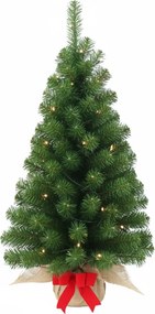 Noble Table Tree Burlap verlichte (tafel)kunstkerstboom - 91 cm - groen - 35 ledlampjes - Diameter 51 cm - 114 tips - met rode strik - jute zak