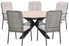 Garden Impressions Aleria tuinset 6-delig taupe - Tulli tuintafel Ø148x75 cm - light teak vironwood