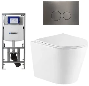 QeramiQ Dely Toiletset - 36.3x51.7cm - diepspoel - rimless - Geberit UP320 Burda inbouwreservoir - softclose toiletzitting - gunmetal bedieningsplaat - ronde knoppen - wit glans SW543431/0701131/SW706198