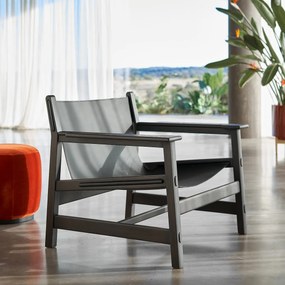 Fauteuil in leer en gebeitst massief eiken, Arnaud
