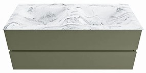 Mondiaz Vica DLux badmeubel 120cm army 2 lades met wastafel glace dubbel 2 kraangaten