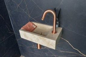 Saniclear White Travertin fonteinset met gebogen kraan in geborsteld koper