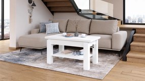 BRAVO wit – uitschuifbare en in hoogte verstelbare salontafel, tafel met plank