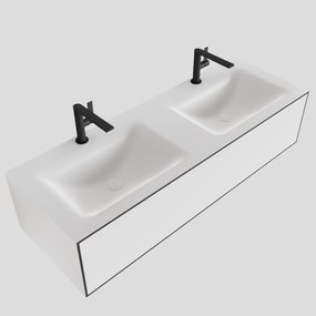 Zaro Lagom volledig naadloos solid surface onderkast 130cm mat zwart met 1 lade Push tot open. Compleet met solid surface wastafel met 2 kraangat(en)