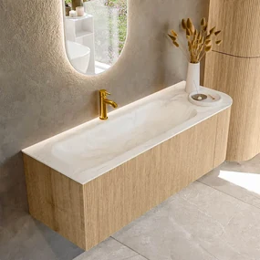 Mondiaz Kurve-dlux 135cm badmeubel ronding rechts oak met 1 lade en deur en wastafel big medium kraangat links ostra