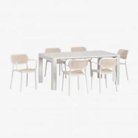 Arnadine Rechthoekige Tafelset (180x100 Cm) En 6 Stapelbare Eetkamerstoelen Met Omara Armleuningen Gardenia Wit - Sklum