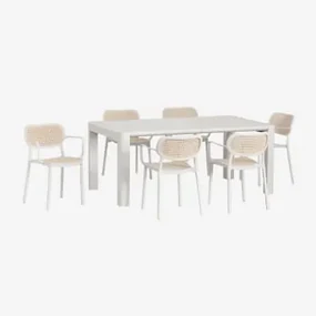 Arnadine Rechthoekige Tafelset (180x100 Cm) En 6 Stapelbare Eetkamerstoelen Met Omara Armleuningen Gardenia Wit - Sklum