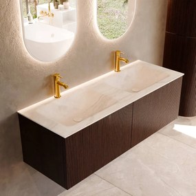 Mondiaz Kurve-dlux 130cm badmeubel ruby met 2 lades en wastafel leaf dubbel 2 kraangaten ostra