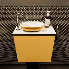 Mondiaz Fowy toiletmeubel 50cm ocher met gele waskom links en kraangat