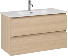 Saqu Arvid voorgemonteerd badmeubel met aluminium greeplijst incl. keramische wastafel 91x46,5cm naturel eiken