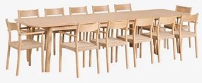 Uitbreidbare Eettafelset 220-320x95 Cm Treveris En 12 Eetkamerstoelen Van Eikenhout En Gevlochten Touw Mara Eikenhout - Sklum