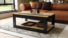LUSSO Artisan Eik/Zwart mat - MODERNE SALONTAFEL MET VERHOOGD BLAD + OPBERGRUIMTE + SCHAP (OP WIELEN!)