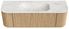 Mondiaz Kurve-dlux 140cm badmeubel ronding links/rechts oak met 1 lade en 2 deuren en wastafel big small midden 1 kraangat ostra