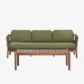 Tuinset Met 3-zitsbank En Rechthoekige Salontafel 120x60 Cm Van Acaciahout En Gevlochten Touw Karvia Acacia Bruin & Bouclé Saliegroen - Sklum