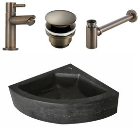 Lambini Designs Corner natuursteen fonteinset met verouderd messing kraan en toebehoren