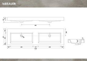 Brauer Solar Thick dubbele wastafel mineraalmarmer 160cm zonder kraangaten wit glans