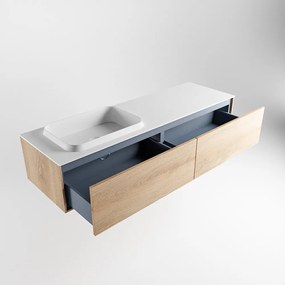 Mondiaz Erin 150cm badmeubel Washed Oak met 2 lades en witte wastafel links zonder kraangaten