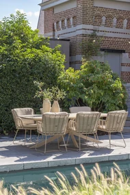 4 Seasons Outdoor Fabrice tuinset latte met Prado tafel met keramisch blad in barrelvorm 240 x 105 cm Tuinset beige weerbestendig