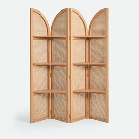 Kamerscherm met 4 panelen, 6 planken, van massief eikenhout, gefineerd en met rietvlechtwerk, MATHEO